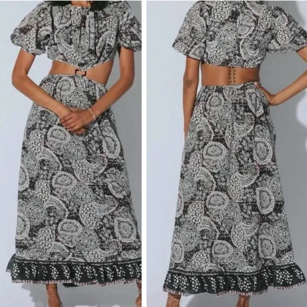 Cleobella Josephine Ankle Dress SMALL Black Geo Print Midi Cutout Organic Cotton